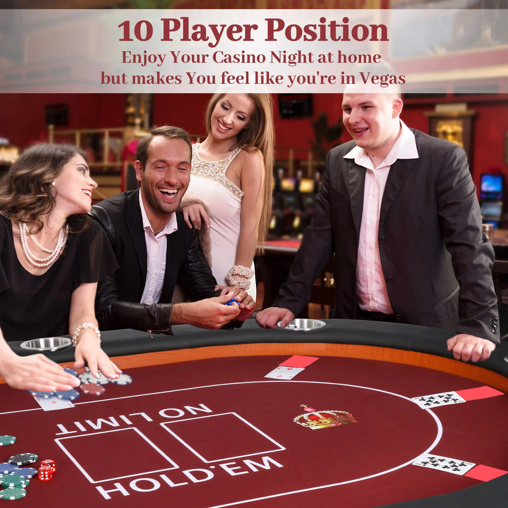 Foldable Poker Table 10 Players Red Felt W6780