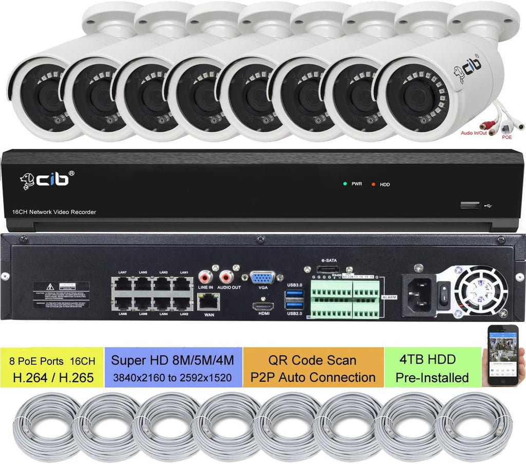 32CH NVR 8MP 5MP 4MP H.265 HDMI 4K Output with 8x5MP POE Bullet Cameras and 4TB HDD O104410