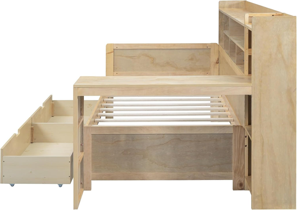 Twin Size Wooden Daybed with Storage Bookshelf, Study Desk and 2 Drawers E312