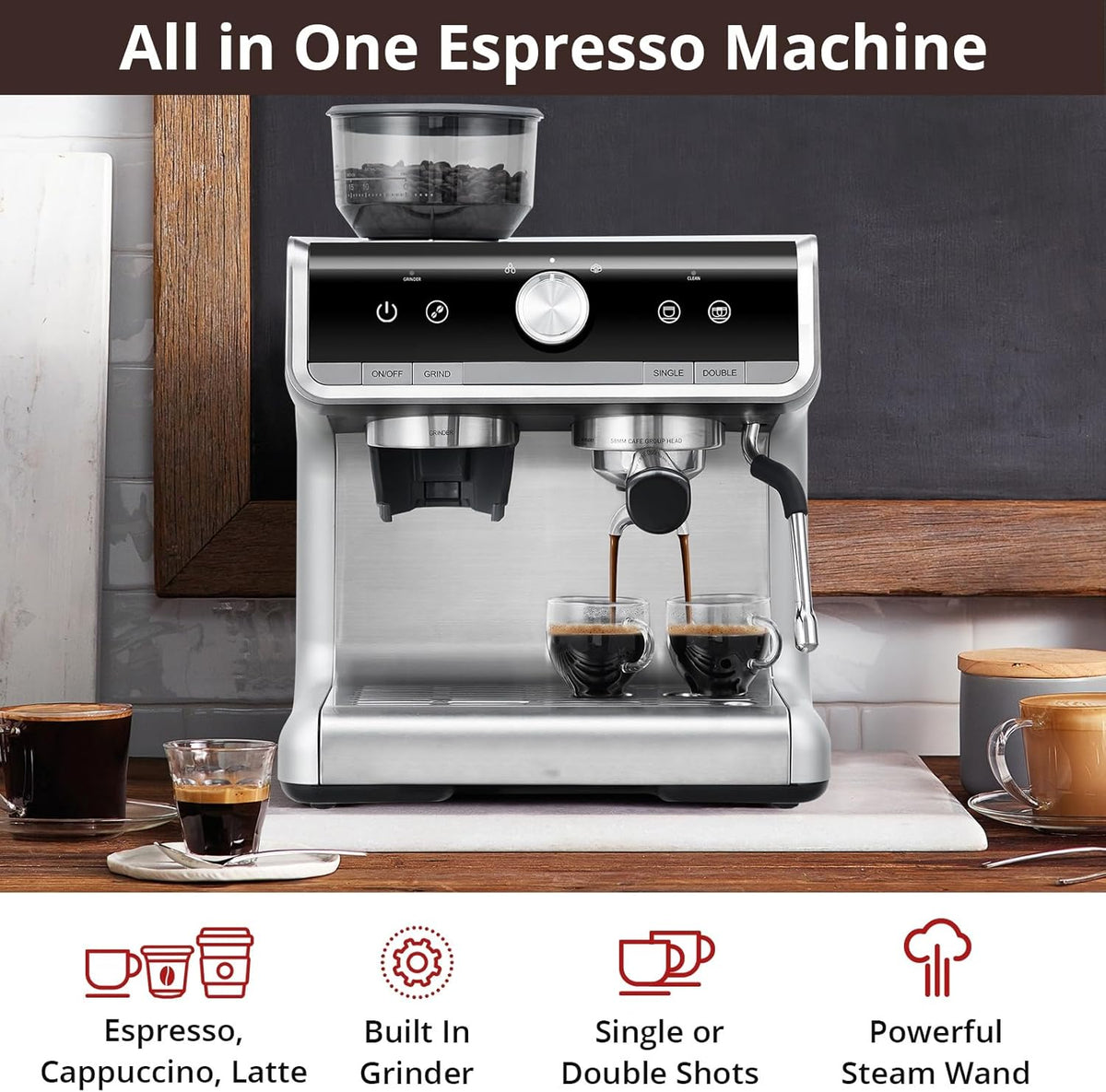 20 Bar Brushed Stainless Steel Espresso Machine with Milk Frother Steam Wand W523
