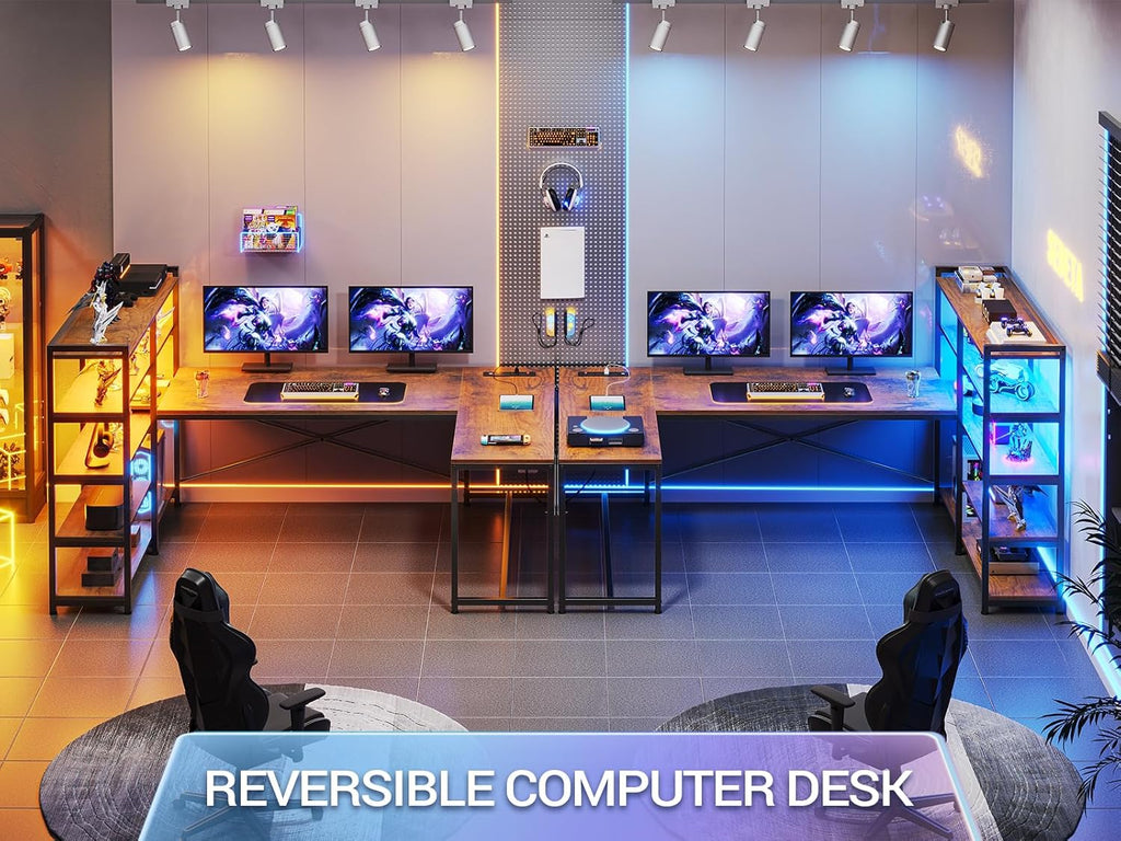 Rustic Brown L Shaped Computer Desk with Storage Shelves & Power Outlet U239424
