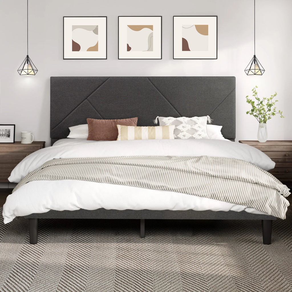 King Size Grey Metal Platform Bed with Upholstered Headboard V9433