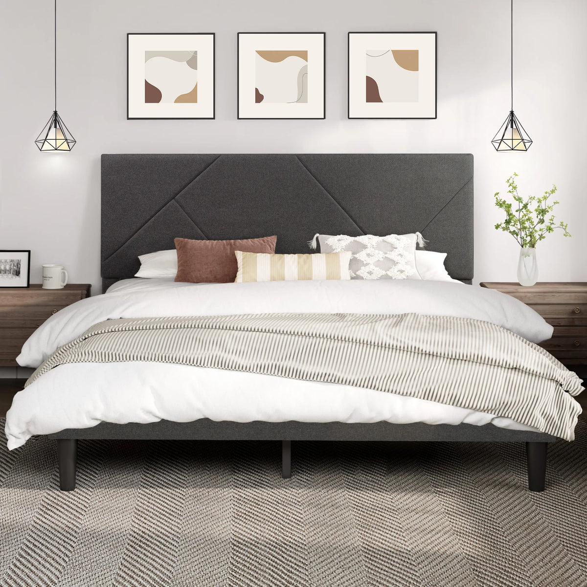King Size Grey Metal Platform Bed with Upholstered Headboard V9433