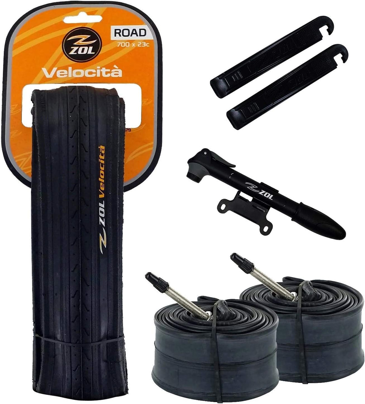 2 Pack Folding Road Tires, 2 Bike Tubes 700x23C Presta, 2 Tire Levers and 1 Mini Pump U7462