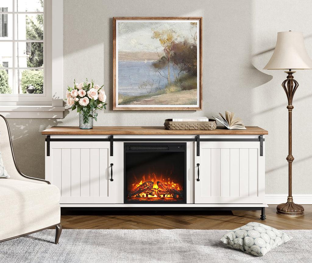 White TV Stand with Electric Fireplace and Sliding Barn Door K537