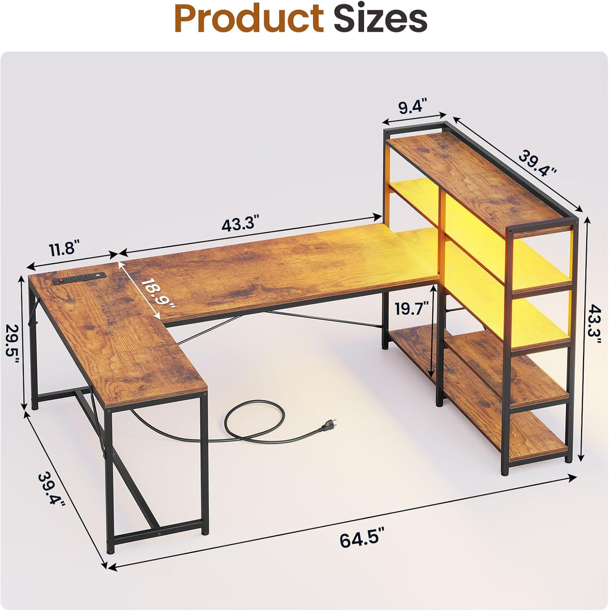 Rustic Brown L Shaped Computer Desk with Storage Shelves & Power Outlet U239424