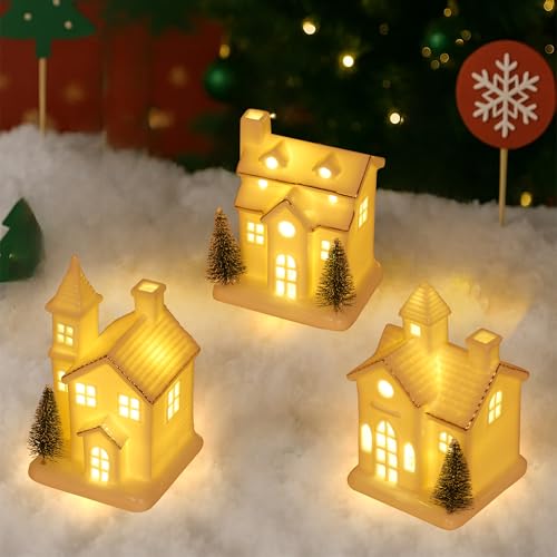 3Pcs Light Up Porcelain Christmas Village Houses with 4Pcs Christmas Trees LED Lighted Tabletop Figurines F81373