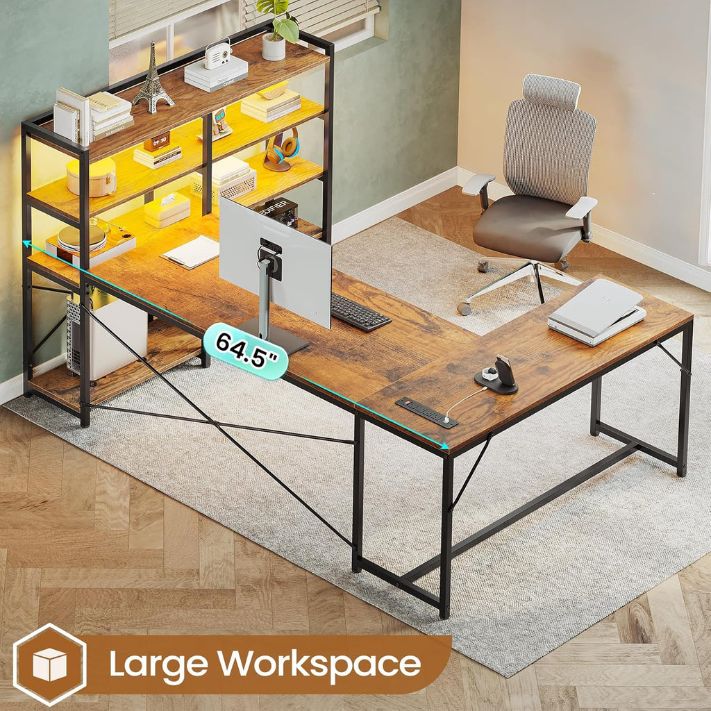Rustic Brown L Shaped Computer Desk with Storage Shelves & Power Outlet U239424