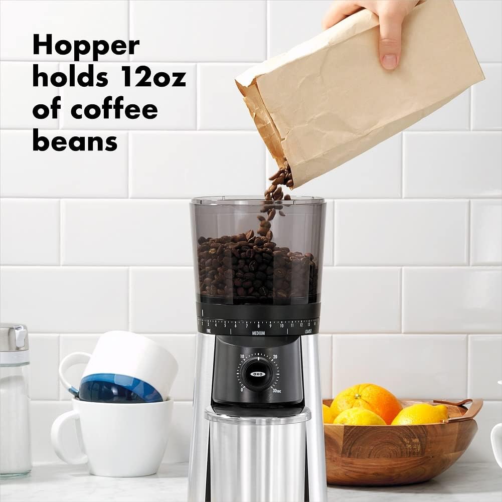 Silver Steel Conical Burr Coffee Grinder, 1.7 Qt Container E9257