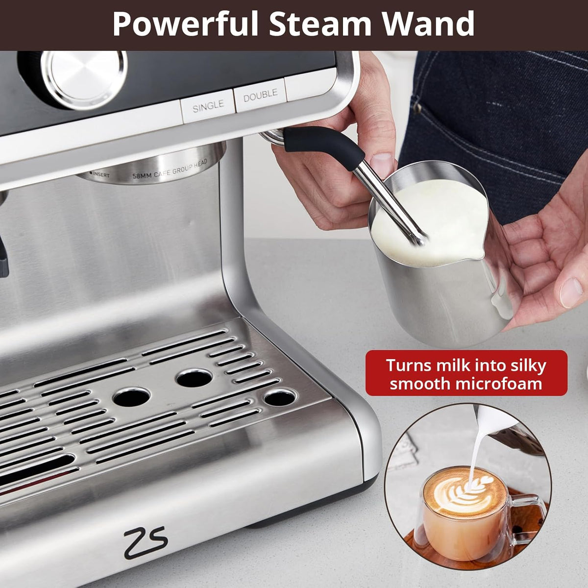 20 Bar Brushed Stainless Steel Espresso Machine with Milk Frother Steam Wand W523