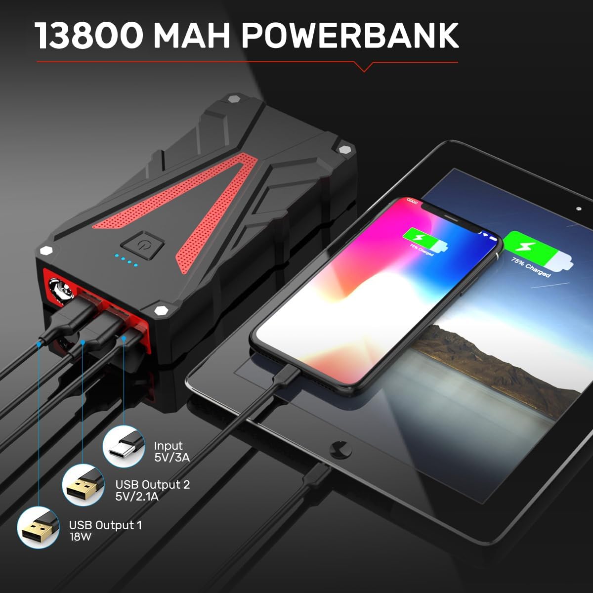 2500A 13800mAh 12V Lithium Portable Car Battery Jump Starter with Jumper Cables C768