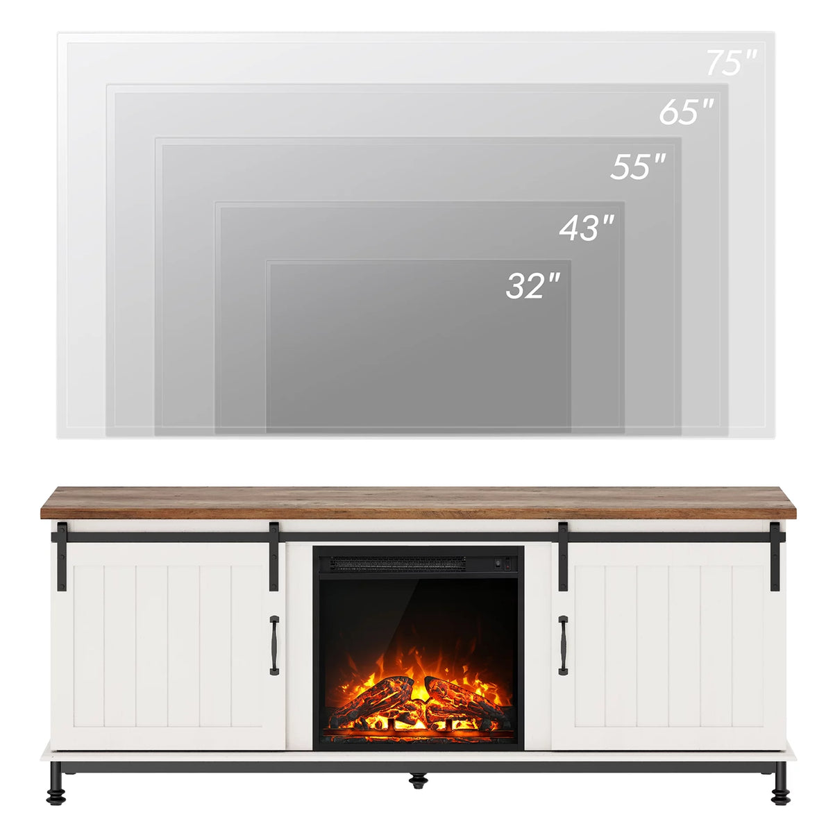 White TV Stand with Electric Fireplace and Sliding Barn Door K537