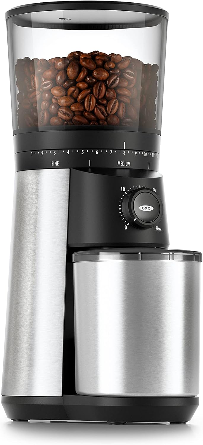Silver Steel Conical Burr Coffee Grinder, 1.7 Qt Container E9257