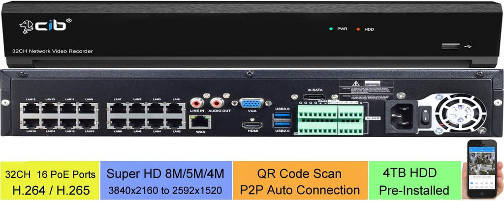 32CH NVR 8MP 5MP 4MP H.265 HDMI 4K Output with 8x5MP POE Bullet Cameras and 4TB HDD O104410