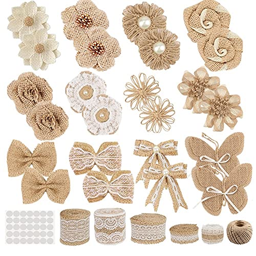 24 Burlap Flowers and Bowknots, 5 Lace Burlap Ribbon Rolls, 1 Twine Ribbon and Glue Point S549471