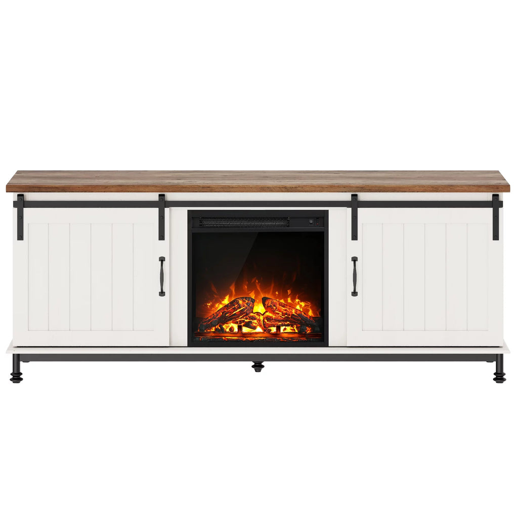 White TV Stand with Electric Fireplace and Sliding Barn Door K537