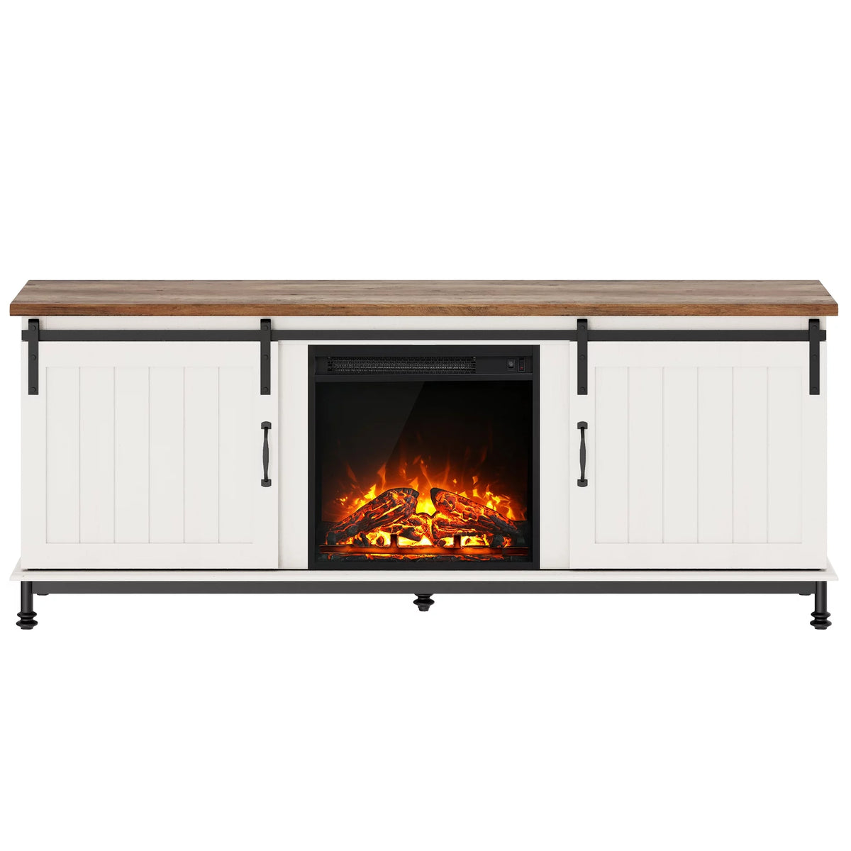 White TV Stand with Electric Fireplace and Sliding Barn Door K537