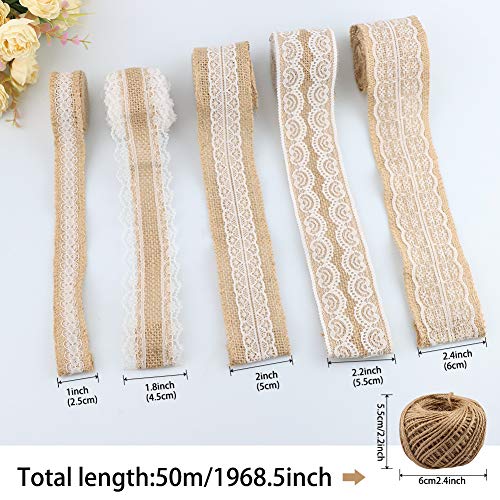 24 Burlap Flowers and Bowknots, 5 Lace Burlap Ribbon Rolls, 1 Twine Ribbon and Glue Point S549471