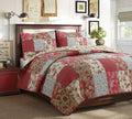 Red Teal Khaki Floral 100% Cotton Reversible Coverlet Bedspread Quilt Bedding Set (Queen - 3 Piece) A146