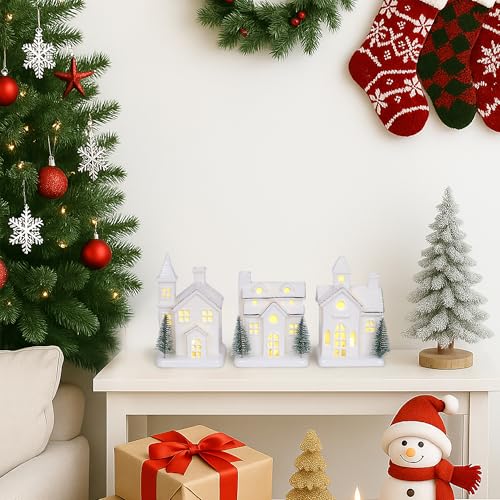 3Pcs Light Up Porcelain Christmas Village Houses with 4Pcs Christmas Trees LED Lighted Tabletop Figurines F81373