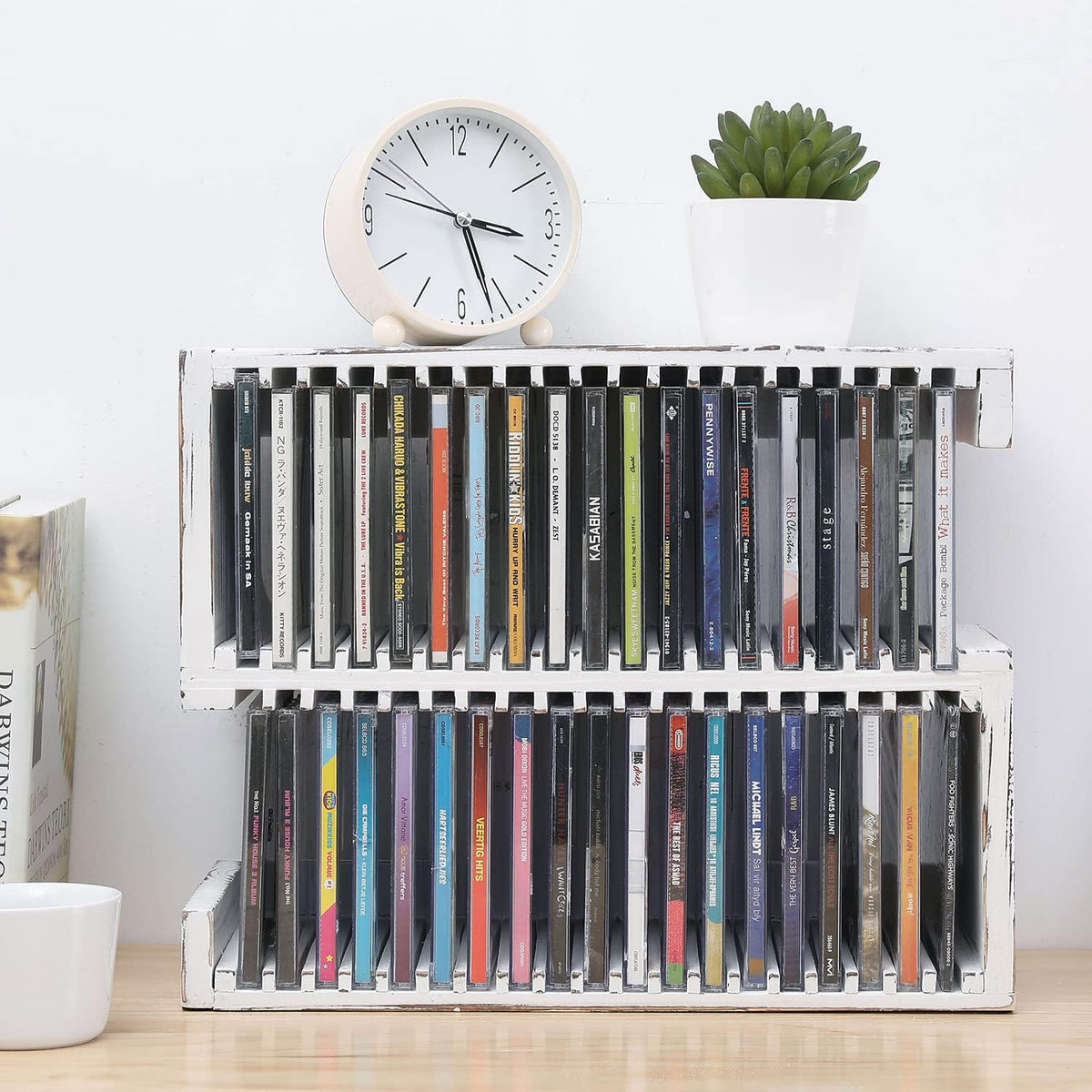 2-Tier White Solid Wood Wall Mounted CD Storage Rack Z98111