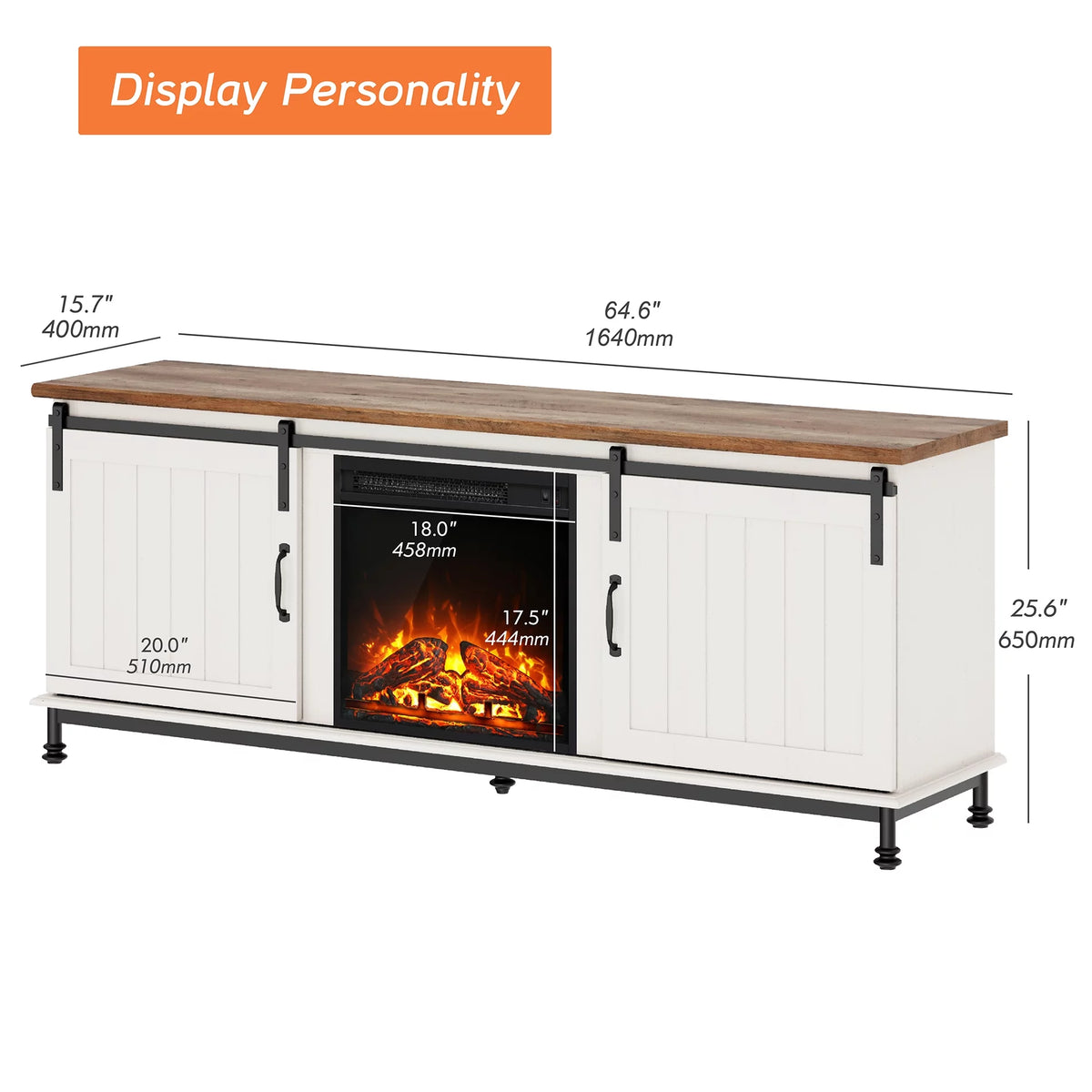 White TV Stand with Electric Fireplace and Sliding Barn Door K537