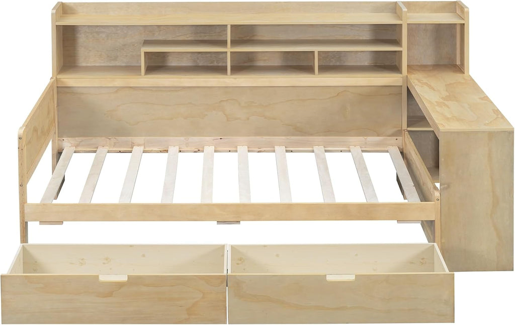 Twin Size Wooden Daybed with Storage Bookshelf, Study Desk and 2 Drawers E312
