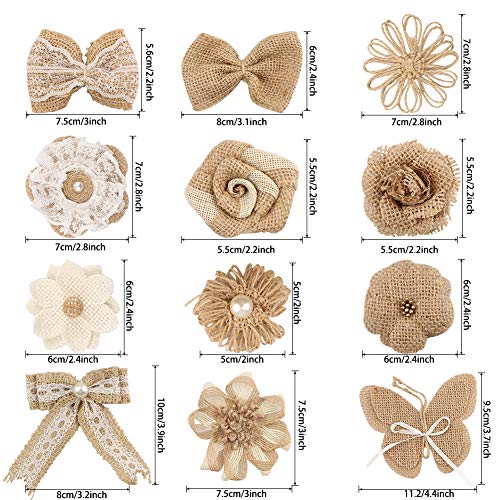 24 Burlap Flowers and Bowknots, 5 Lace Burlap Ribbon Rolls, 1 Twine Ribbon and Glue Point S549471