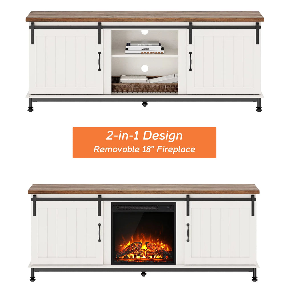 White TV Stand with Electric Fireplace and Sliding Barn Door K537