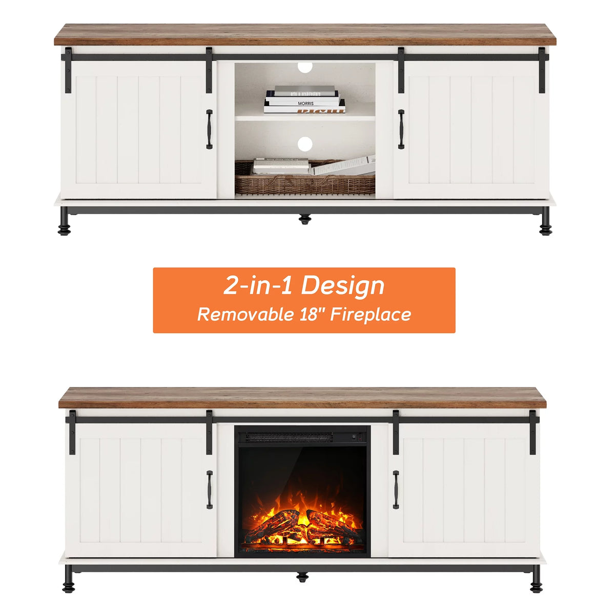 White TV Stand with Electric Fireplace and Sliding Barn Door K537