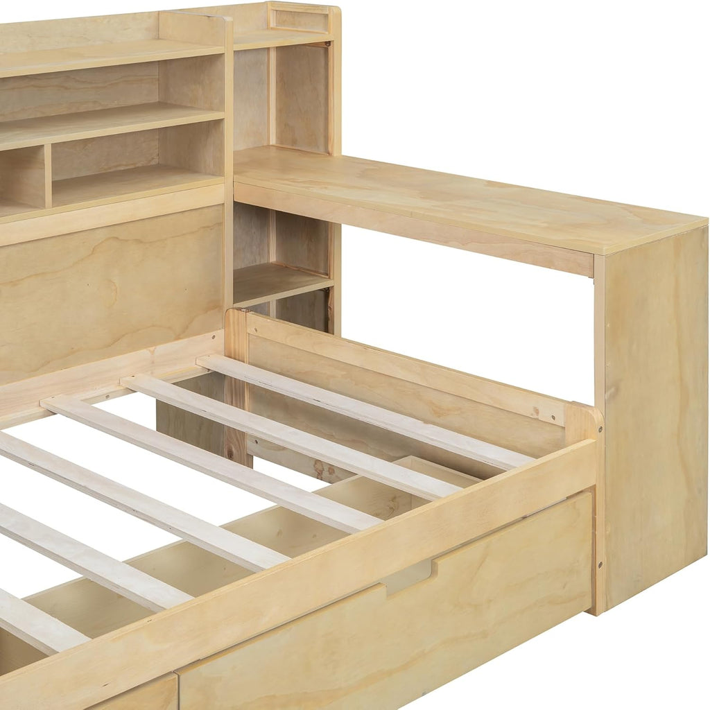 Twin Size Wooden Daybed with Storage Bookshelf, Study Desk and 2 Drawers E312
