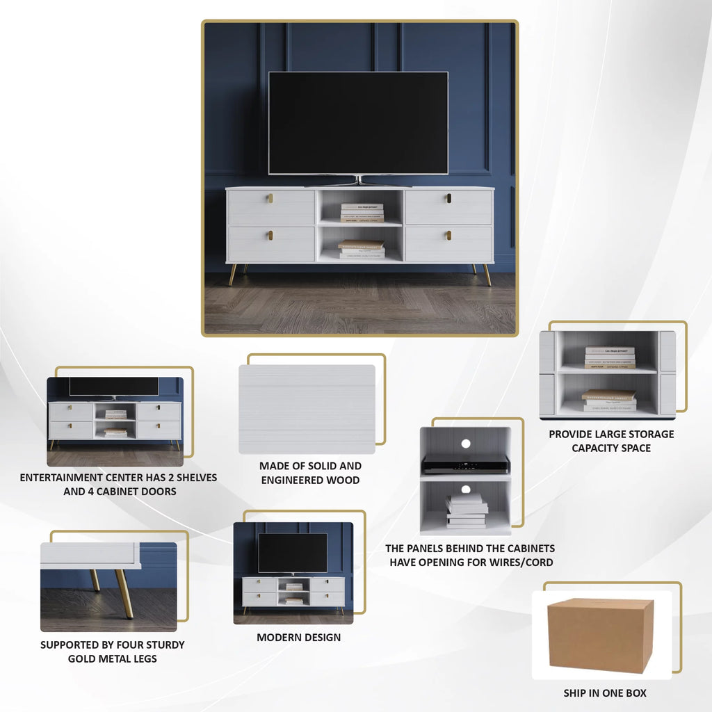 White Wood TV Stand with Gold Metal Legs P46696