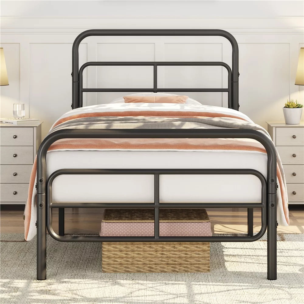 Black Twin Metal Platform Bed with Geometric Patterned Headboard O683717