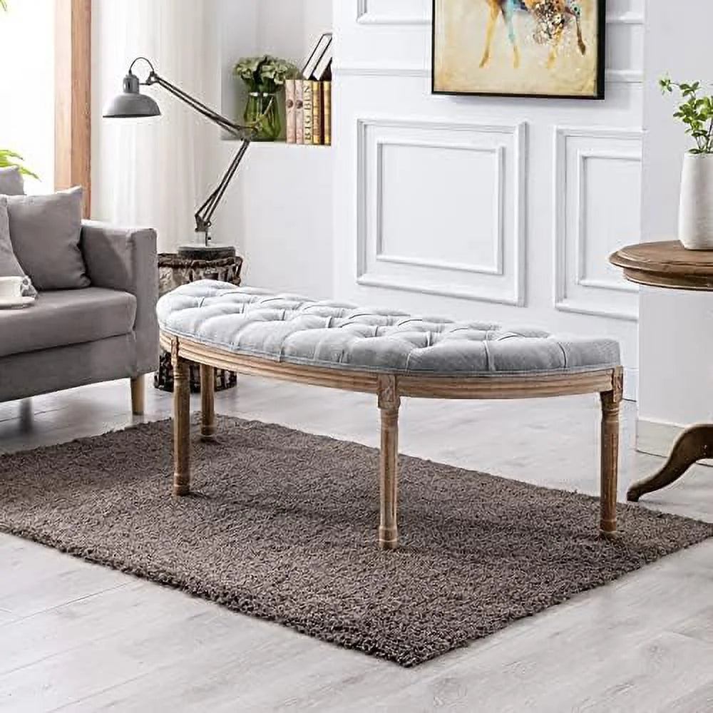 Vintage Upholstered Fabric Bench with Rubberwood Legs F56577