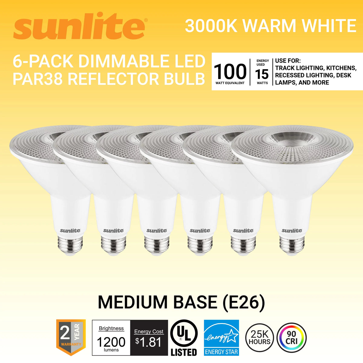 LED PAR38 Long Neck Spotlight Bulb 15 Watts Dimmable 3000K Warm White 6-Pack J5475