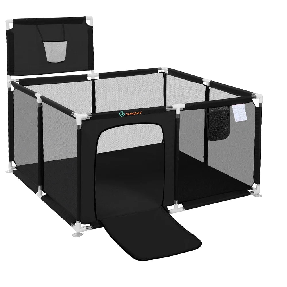 Portable 4-Panel Baby Playpen with Basketball Hoop, Grey R8635