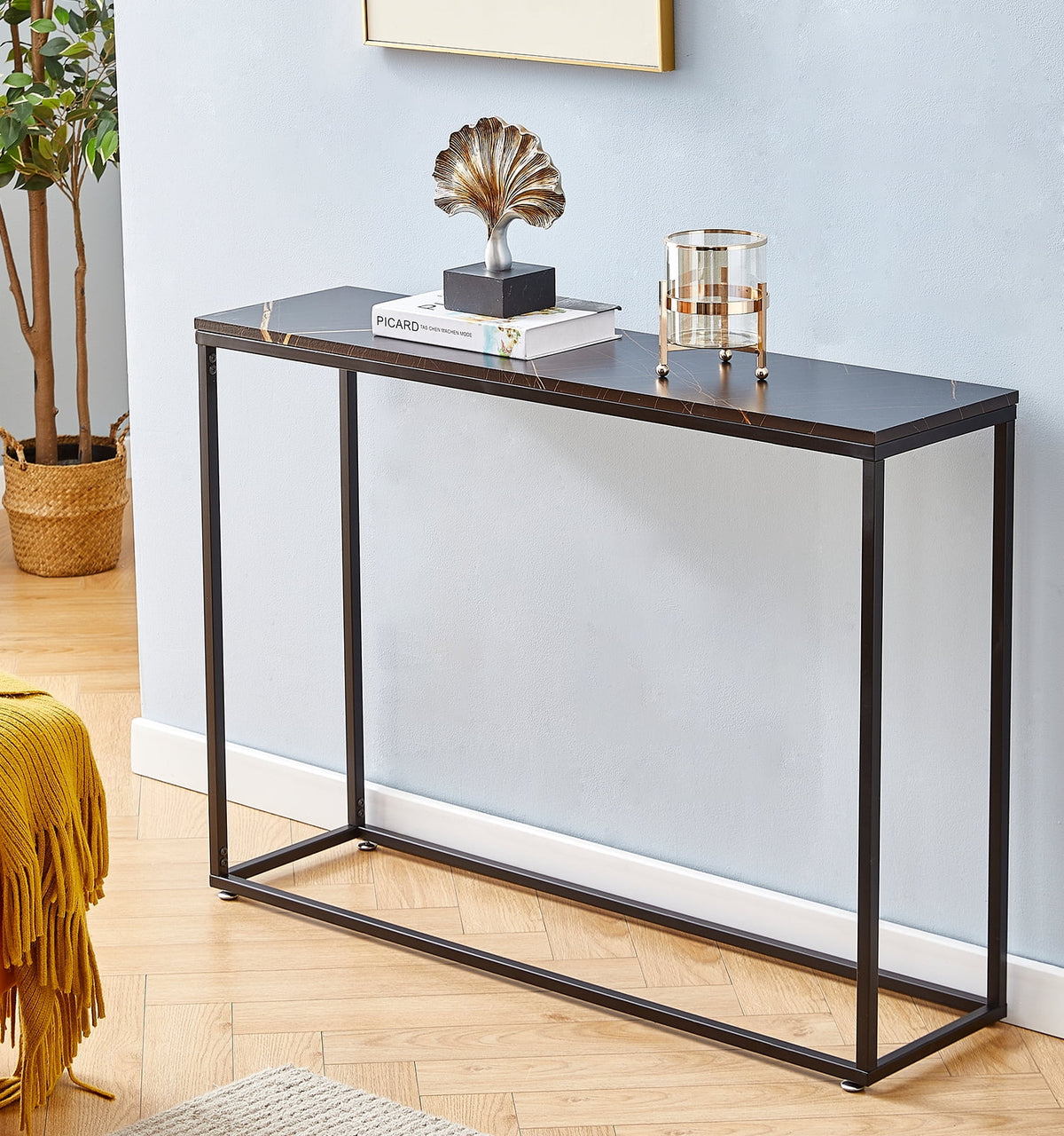 Black Narrow Console Table with Metal Frame and MDF Tabletop Q9993
