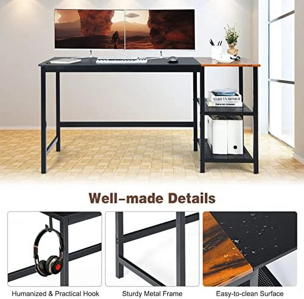59 Inch Computer Desk with Charging Station and 2 Tier Shelves E866