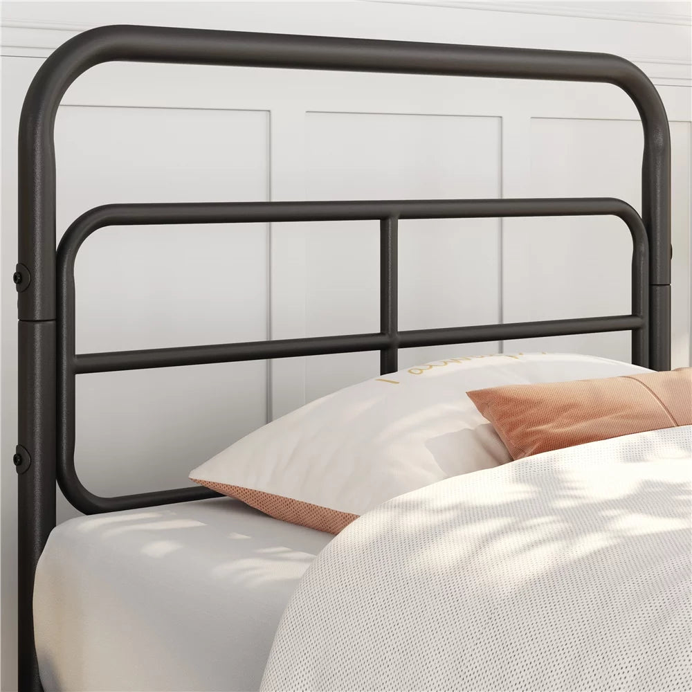Black Twin Metal Platform Bed with Geometric Patterned Headboard O683717