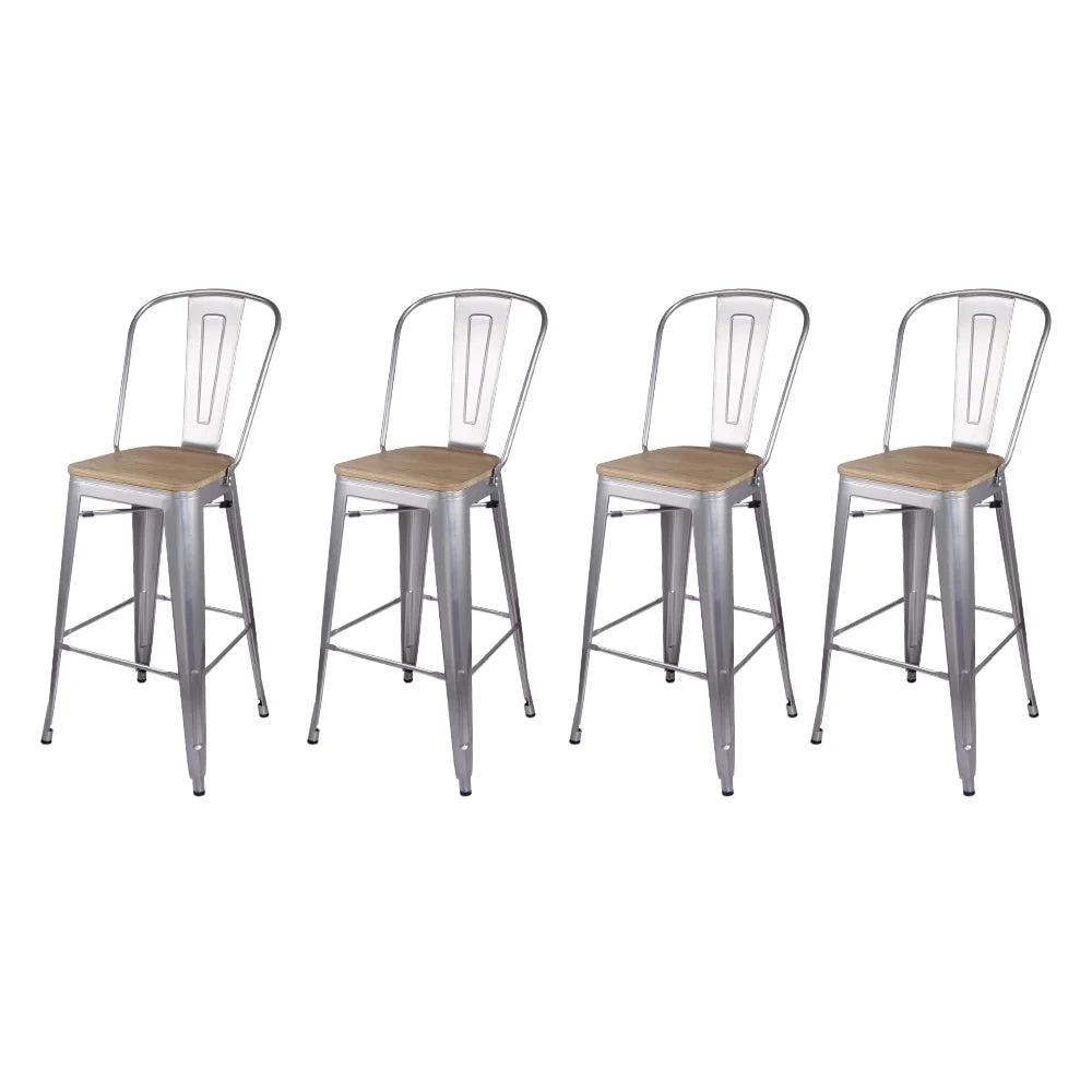 30 Inch Silver High Back Counter Height Metal Barstool with Light Wood Seat, Set of 4 N257947