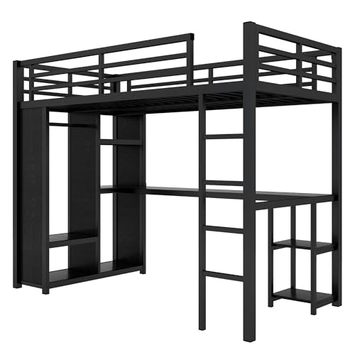 Twin XL Black Metal Loft Bed with Desk and Wardrobe C83650