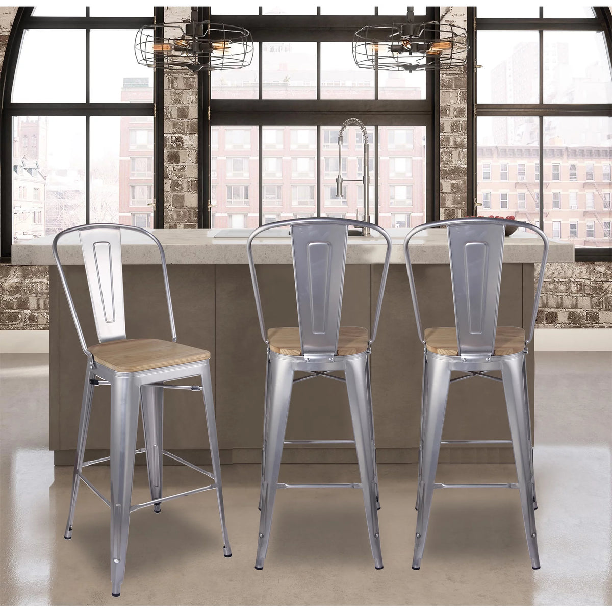30 Inch Silver High Back Counter Height Metal Barstool with Light Wood Seat, Set of 4 N257947