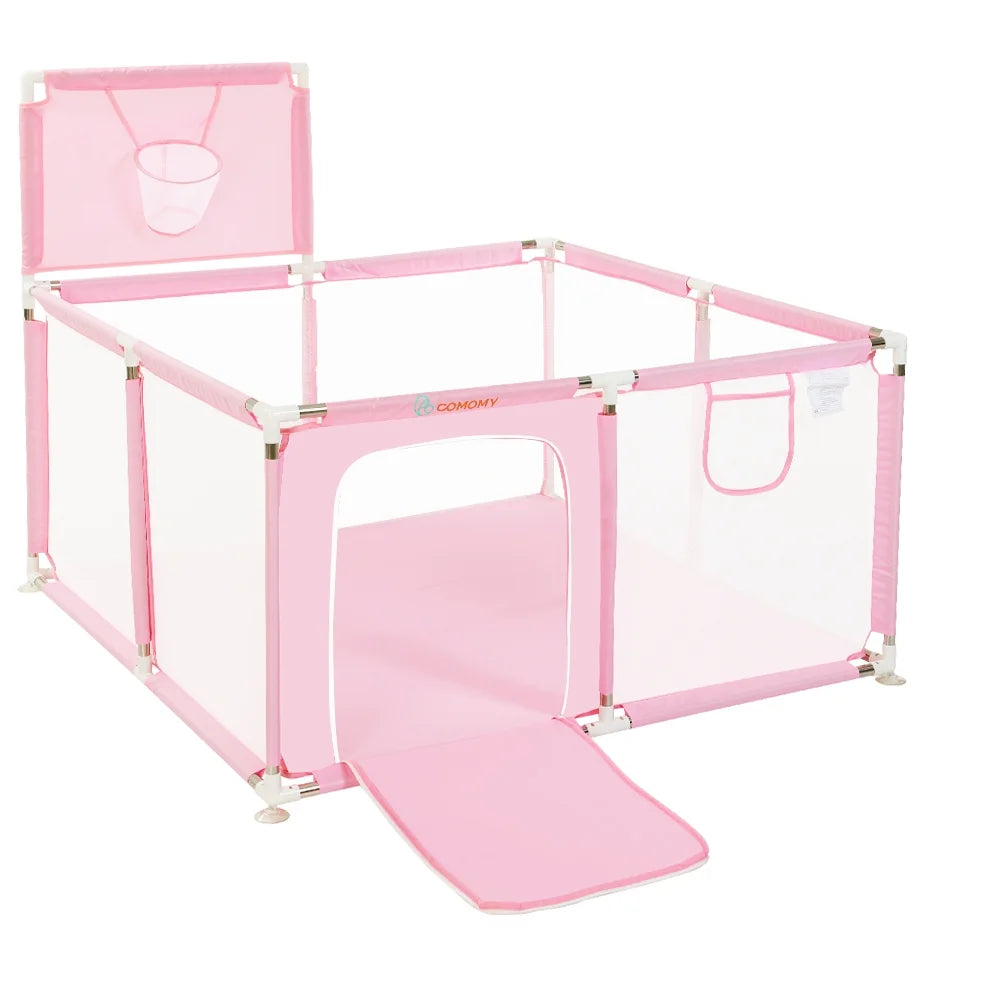 Portable 4-Panel Baby Playpen with Basketball Hoop, Grey R8635