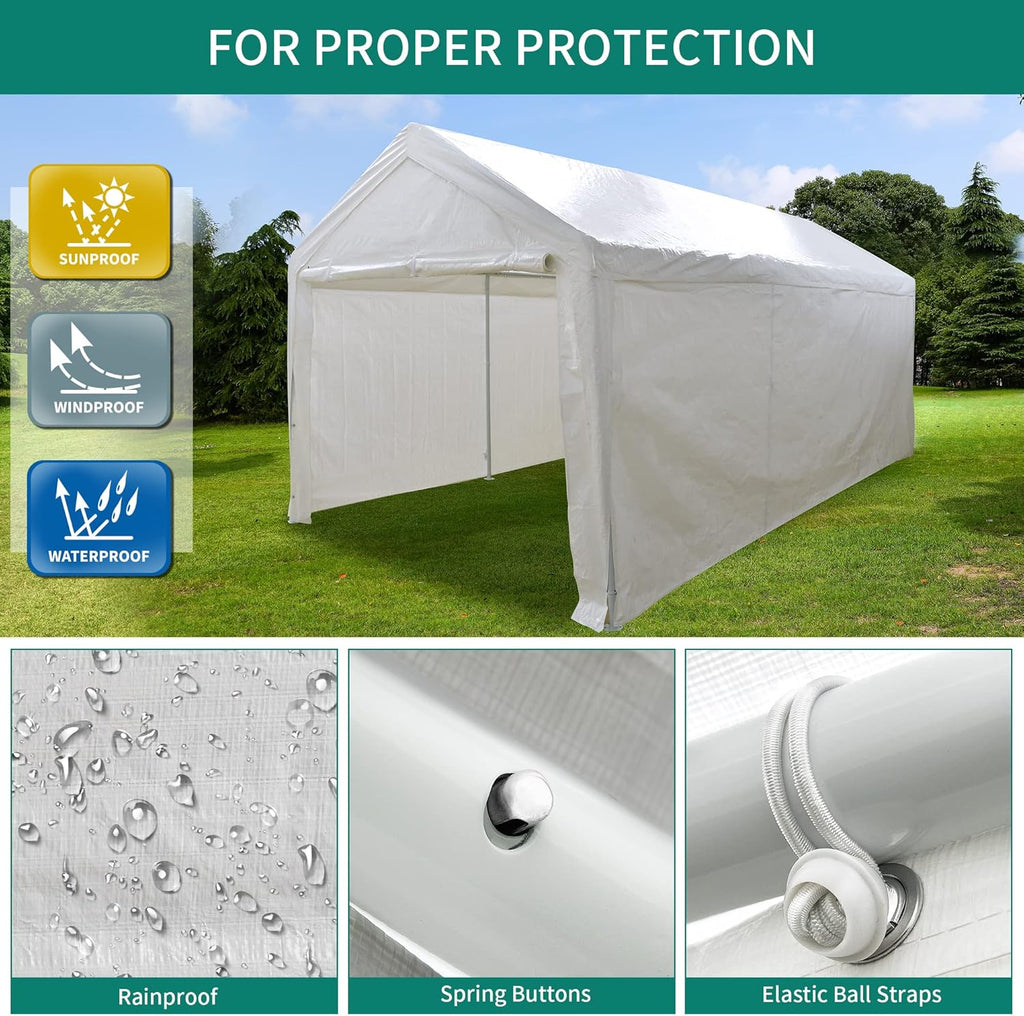 White Galvanized Frame Carport with Removable Sidewalls R1728