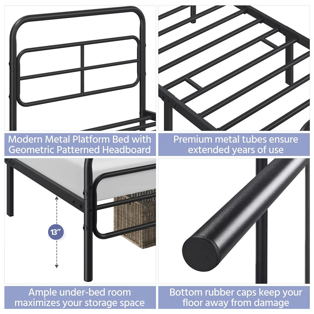 Black Twin Metal Platform Bed with Geometric Patterned Headboard O683717