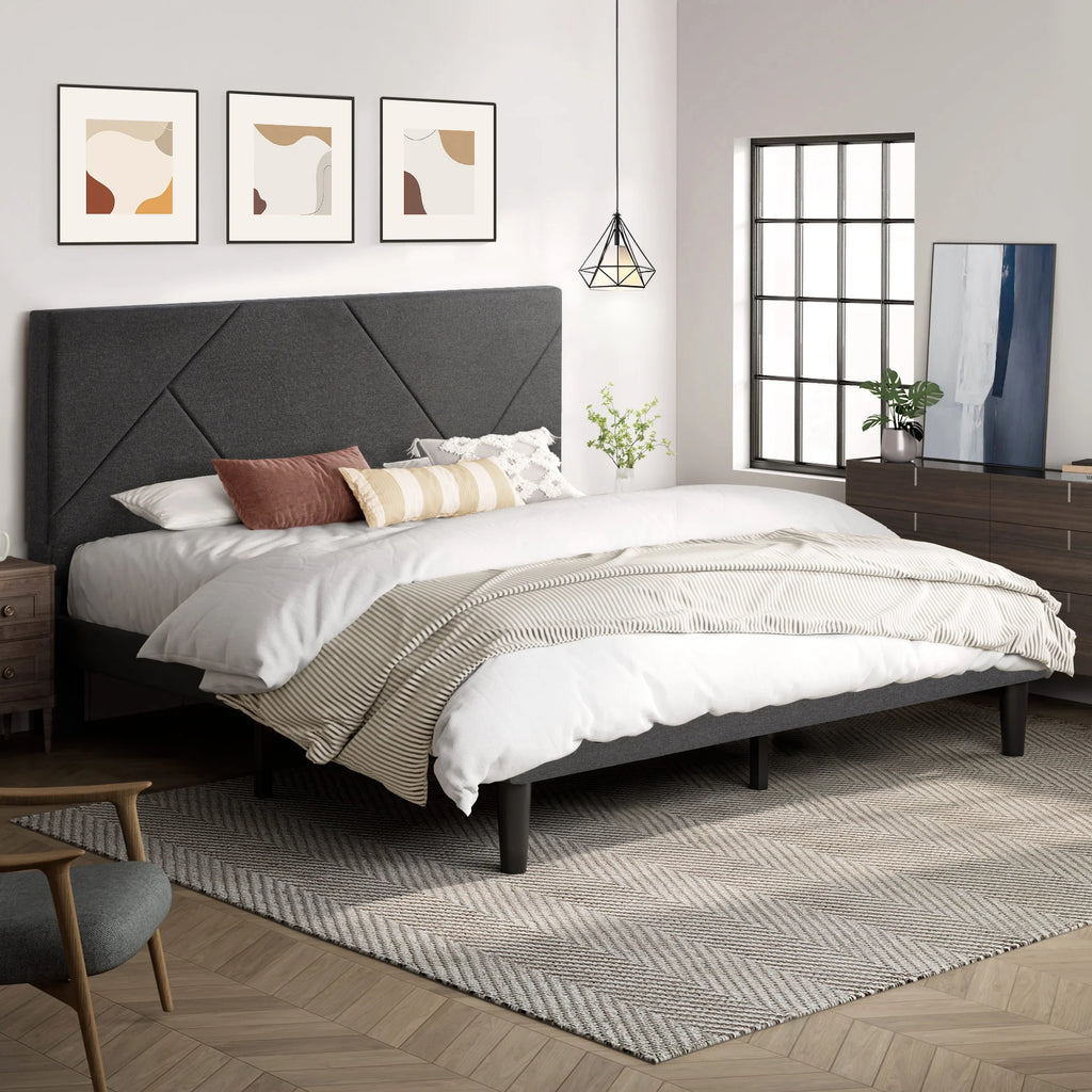 King Size Grey Metal Platform Bed with Upholstered Headboard V9433