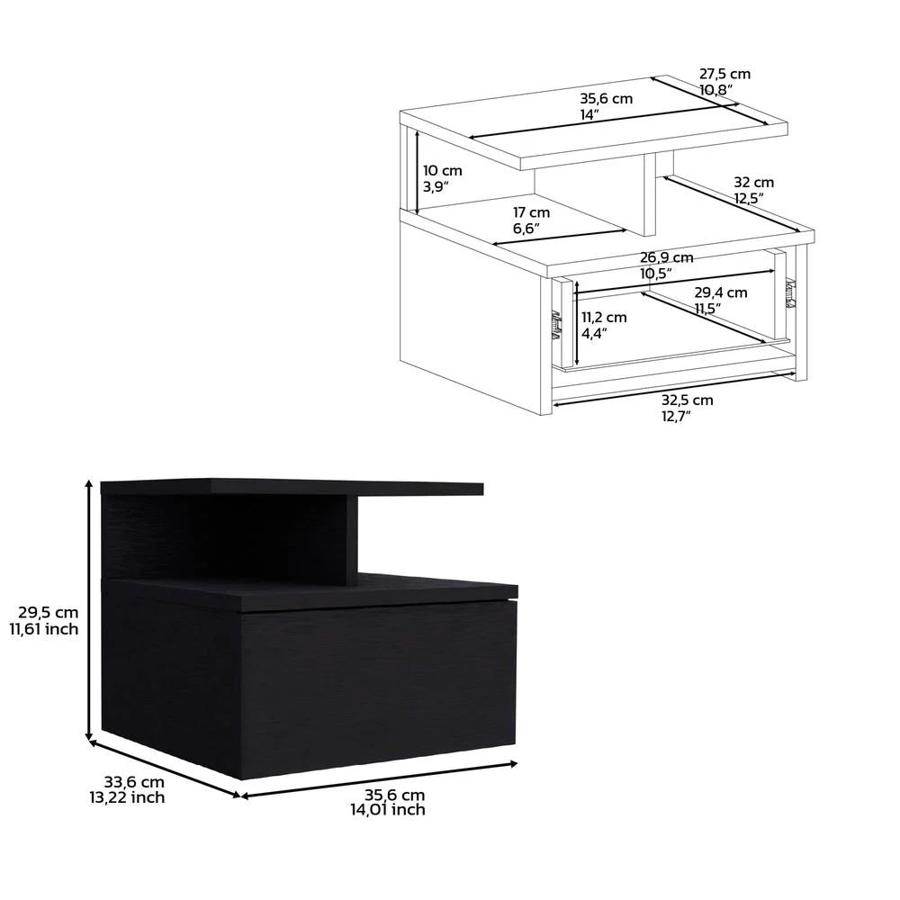 Black Floating Nightstand with Single Drawer and 2-Tier Shelf G49861