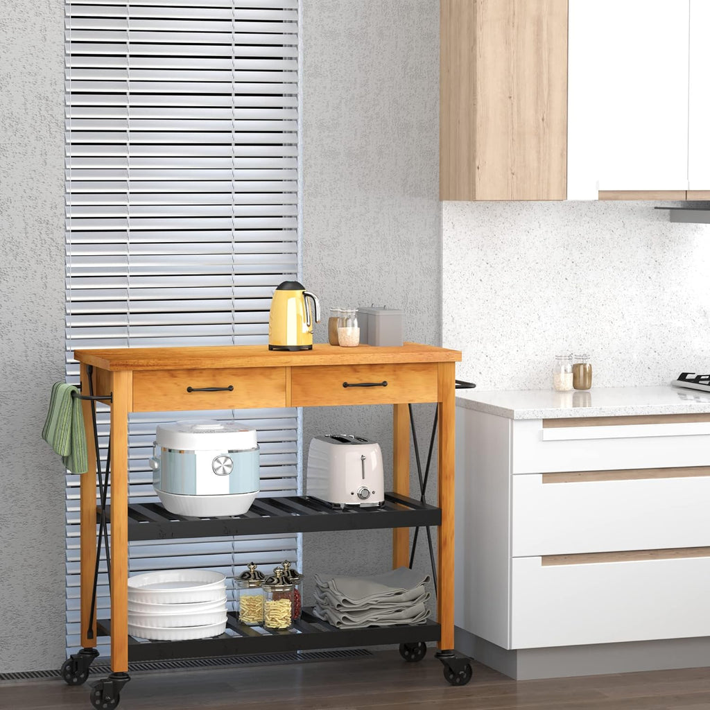 Kitchen Island Cart with 2 Drawers and Open Storage Shelves T9530