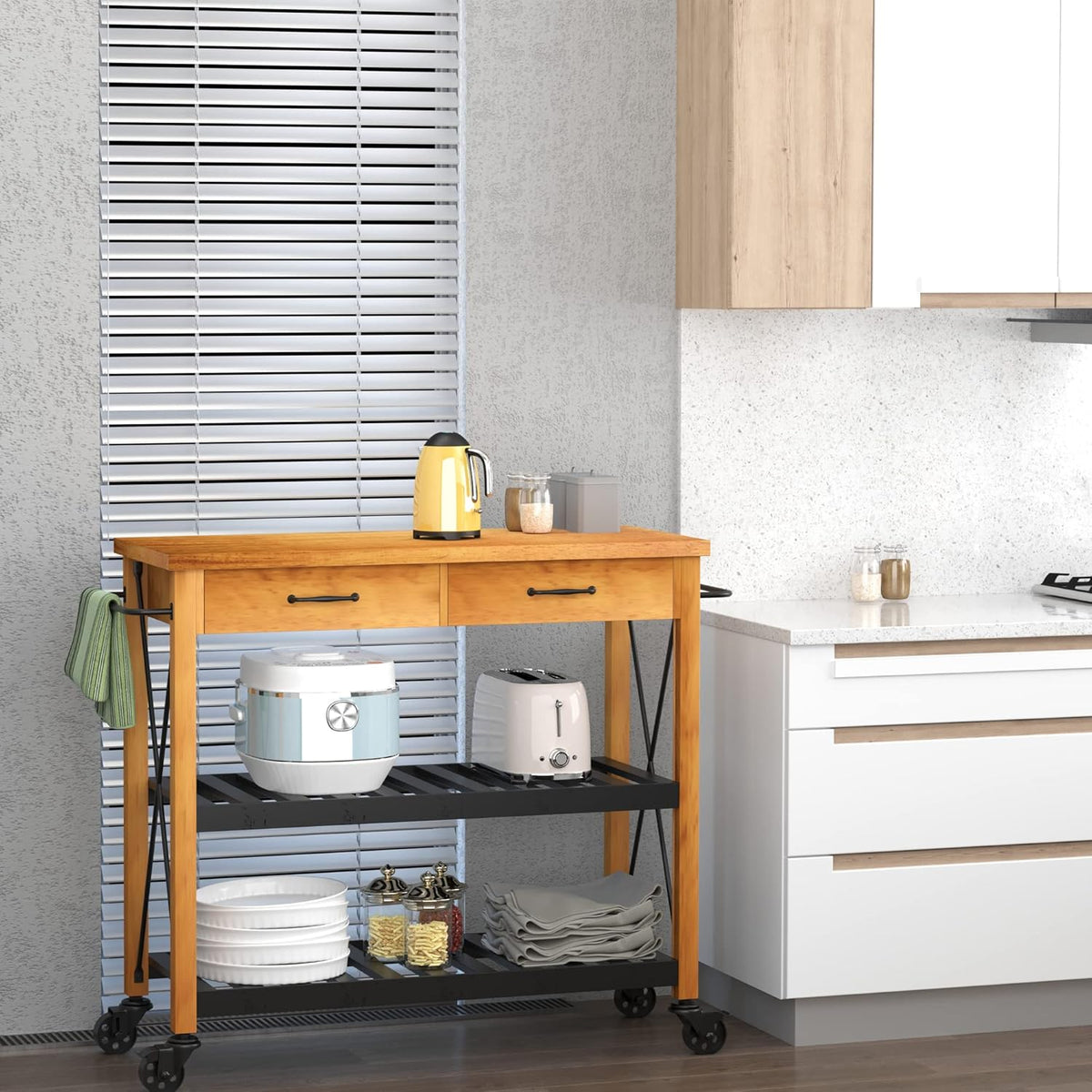 Kitchen Island Cart with 2 Drawers and Open Storage Shelves T9530