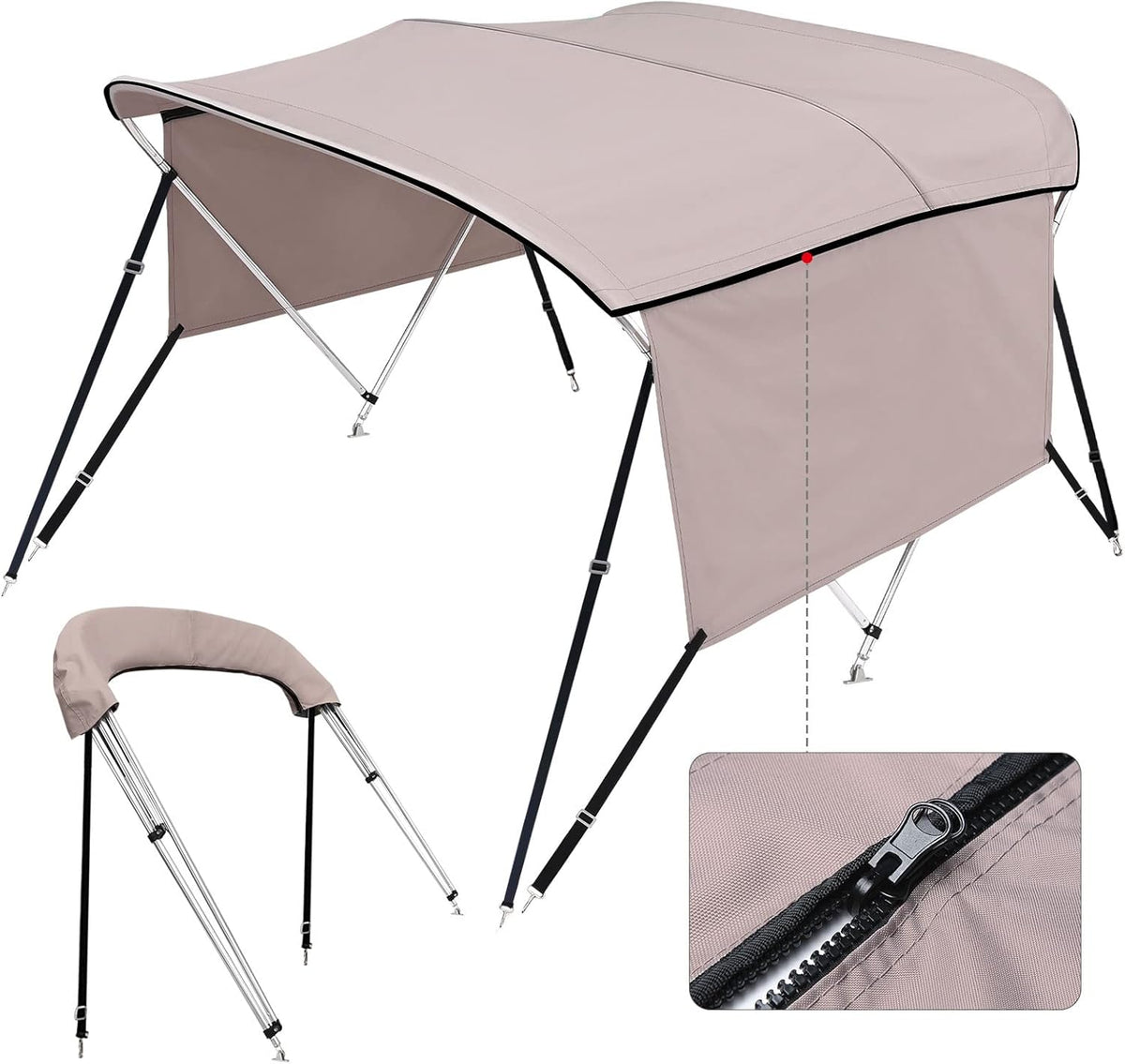 3/4 Bow Bimini Top Cover with Sidewalls Sun Shade Boat Canopy with 2 Quick Release Deck Mounts + 4 Straps + Storage Boot, All Stainless Steel Mounting Hardware W733